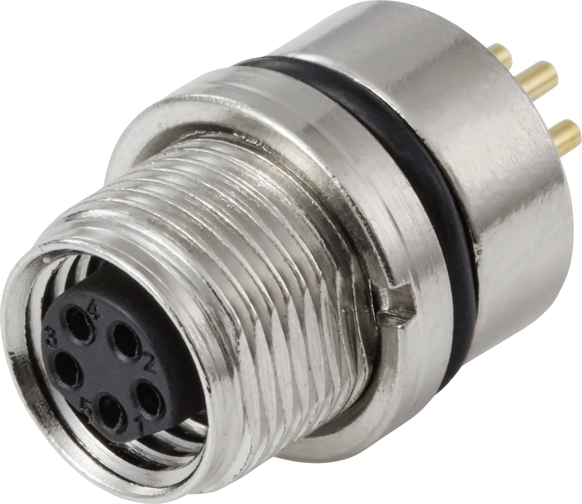 Električni konektor s metalnim navojem, s više iglica i crnom utičnicom, dizajniran za sigurno električno spajanje.