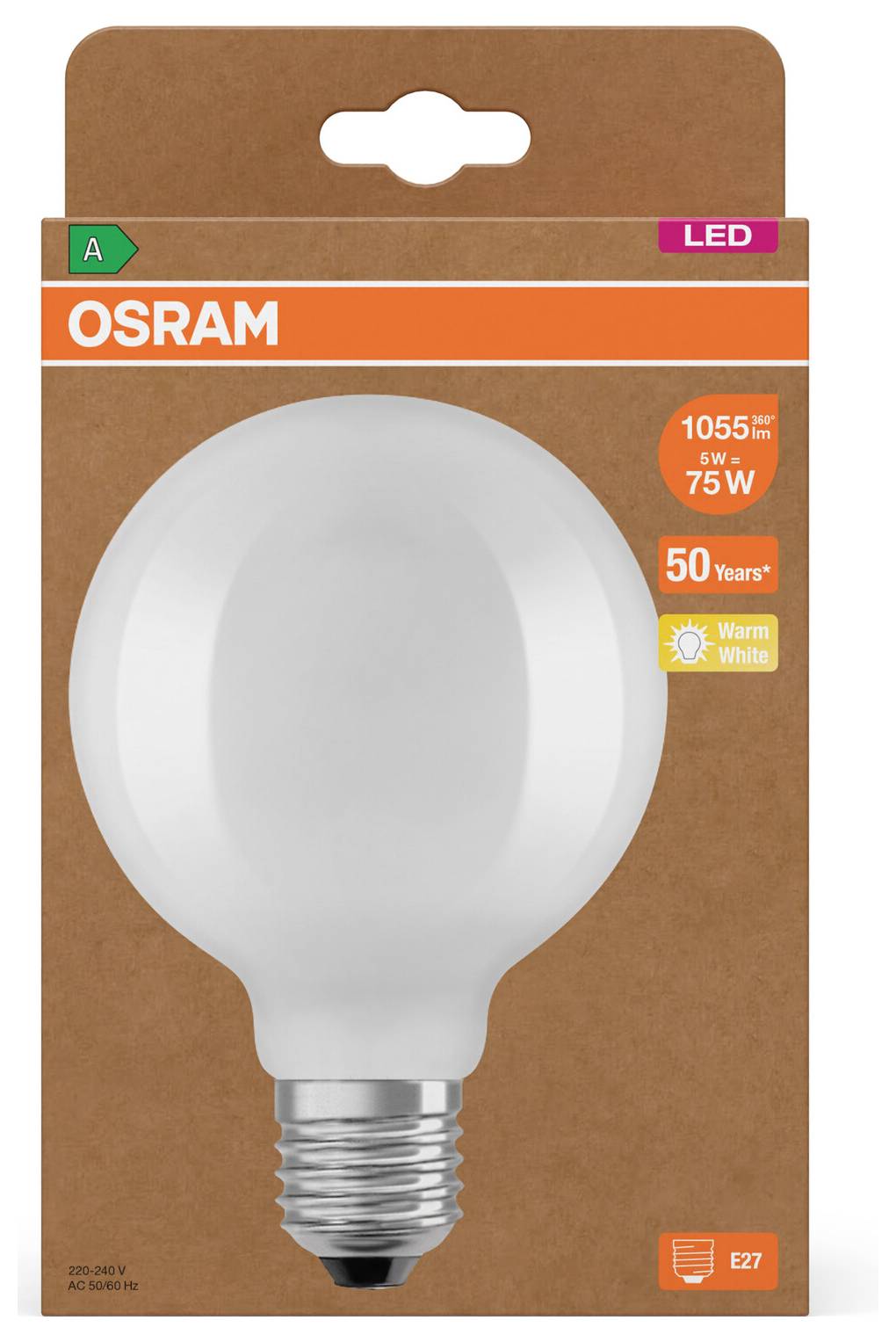 Ambalaža za OSRAM LED žarulju s velikom slikom žarulje, oznakom 'Topla bijela', '1055 lm', '75 W' i ikonom E27 baze.