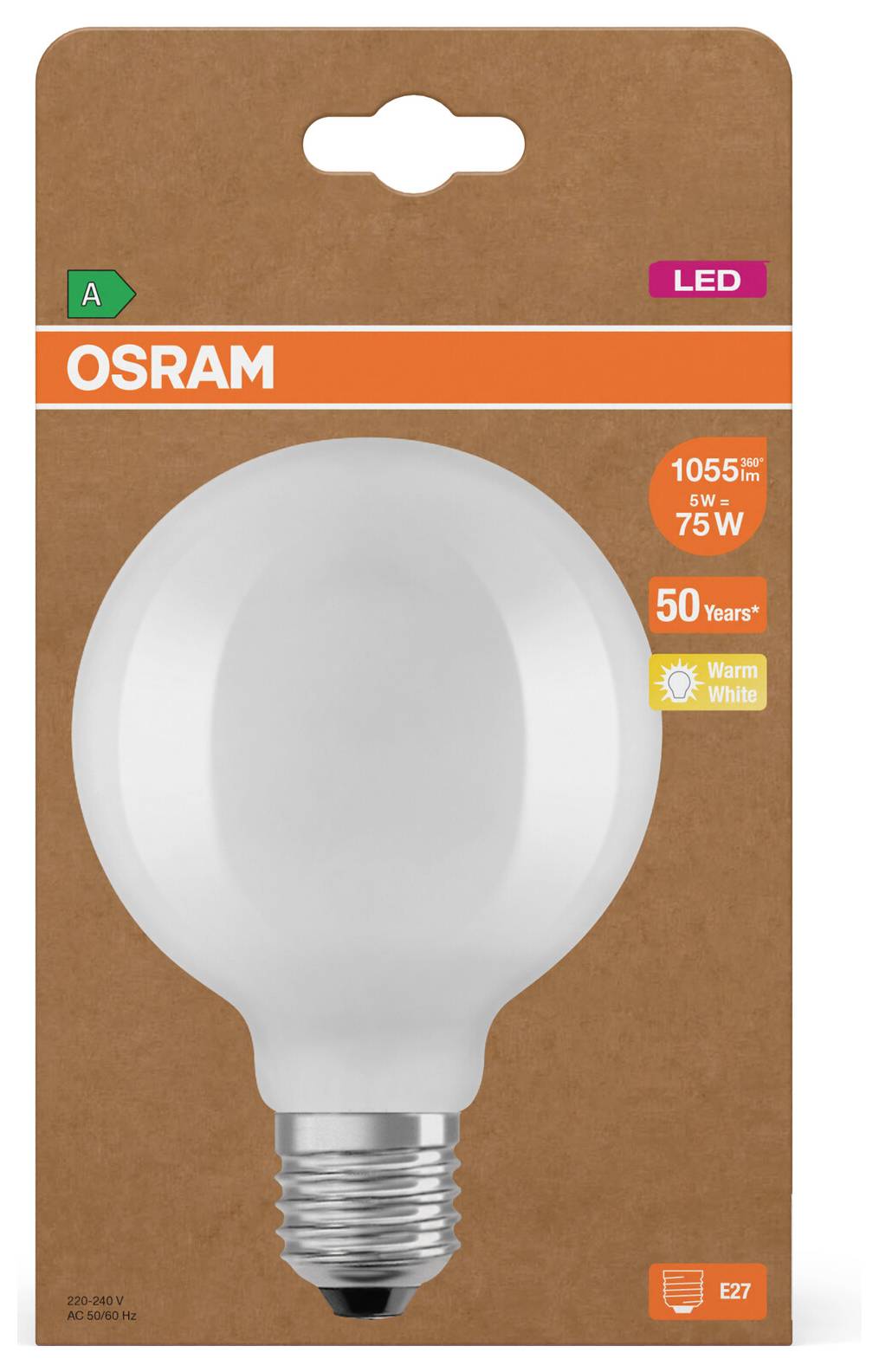 OSRAM LED žarulja pakovanje s velikom slikom žarulje, 1055 lumena, 6W ekvivalentno 75W, 50 godina, topla bijela, E27 grlo, energetska klasa A.