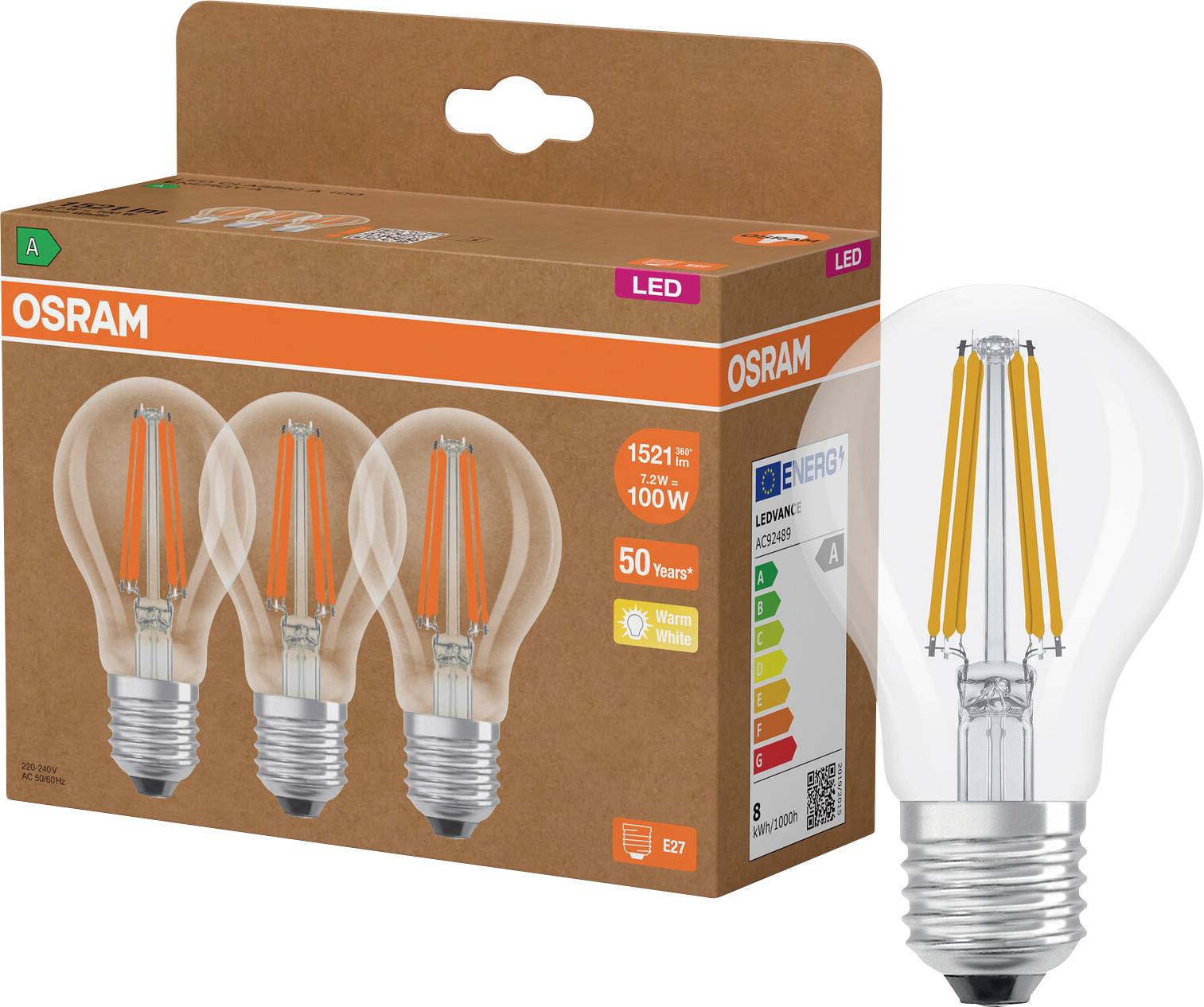 OSRAM LED žarulja s pakovanjem na kojem su prikazane tri čiste žarulje u stilu filamenata na kutiji i jedna žarulja prikazana uvećana pored nje.