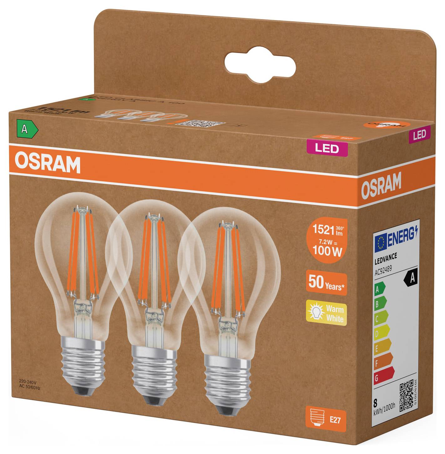 Pakovanje LED žarulje OSRAM-a koje prikazuje tri čiste žarulje u stilu filamenti, označene sa ekvivalentom od 100W, topla svjetlost, E27 grlo, energetska ocjena A.