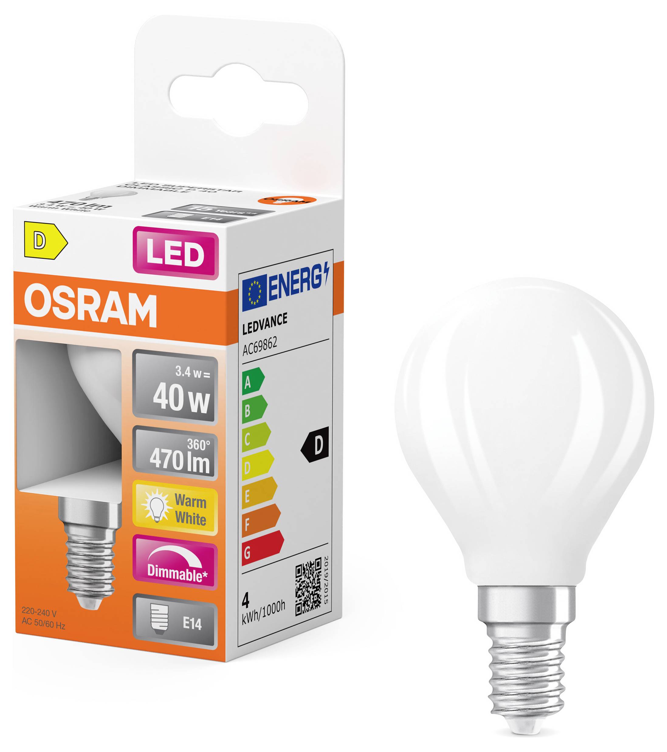 OSRAM HOMELIGHTING 4099854444906 LED Energetska učinkovitost 2021 D (A - G) E14 3.4 W toplo bijela (Ø x V) 45.00 mm x 45-1