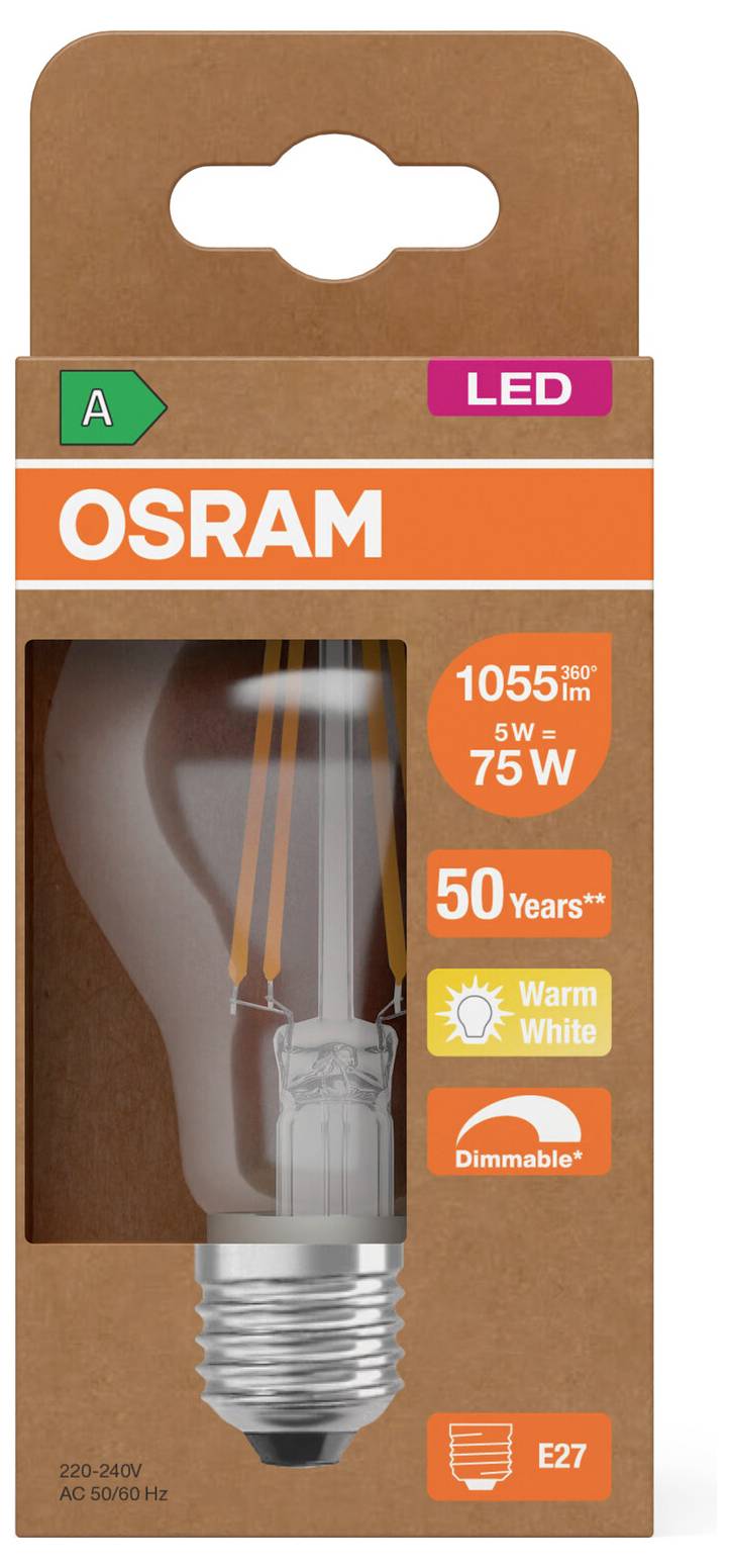 OSRAM LED žarulja sa nitima u pakovanju za E27 utičnicu, 75W ekvivalent, 1055 lm, topla bijela boja, prigušiva, 50 godina