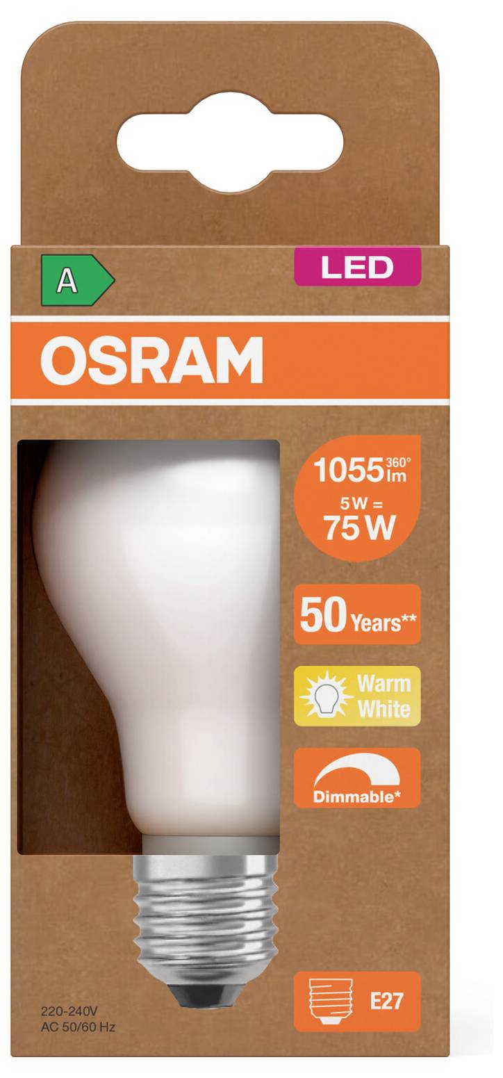 OSRAM LED žarulja pakovanje prikazujućeg toplo bijelu, prigušivu žarulju ekvivalentnu 75W, E27 grlo, 1055 lumena, 50 godina, A ocjena.