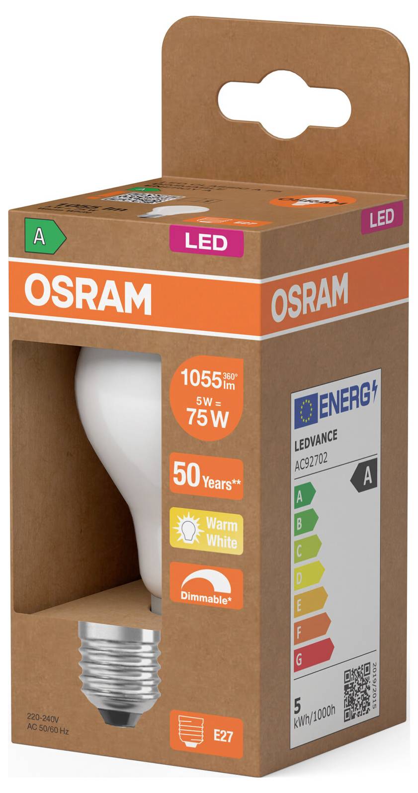 OSRAM LED žarulja pakovanje, prikazujući žarulju od 5W ekvivalentnu 75W, topla bijela boja, E27 soklo, proklamovani vijek trajanja od 50 godina i energetsku ocjenu A.