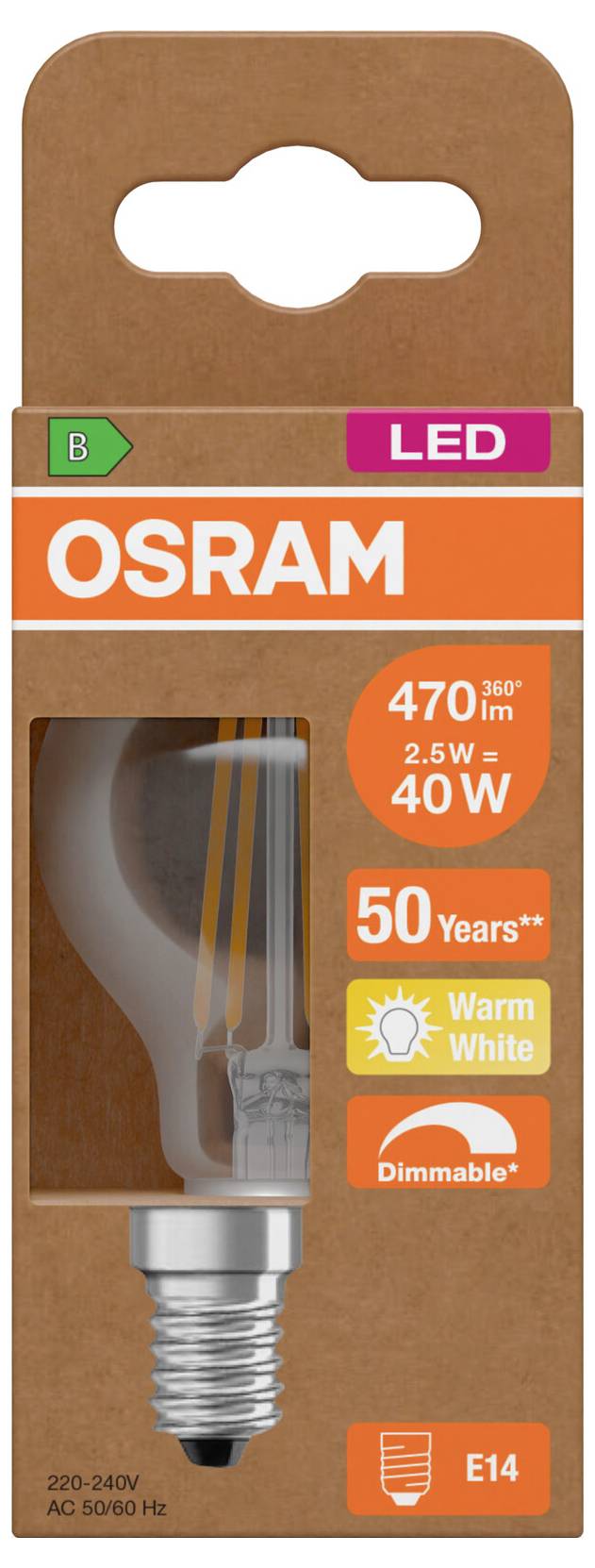 OSRAM LED žarulja u pakiranju prikazuje toplo bijelu, prigušivu E14 žarulju, 2,5 W ekvivalentno 40 W, 470 lm, 50 godina, energetska klasa B.
