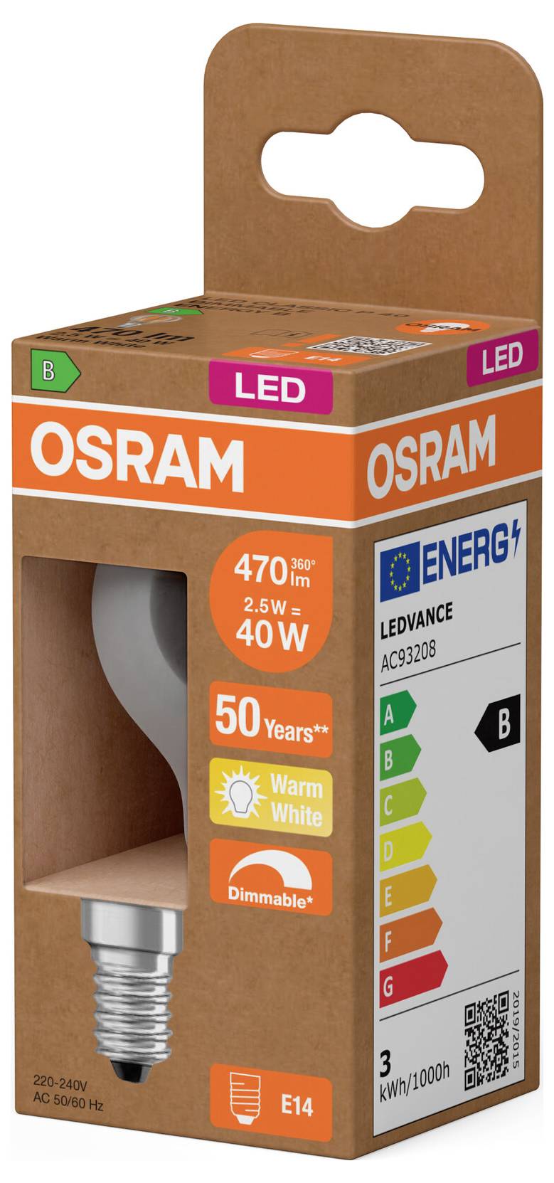 OSRAM LED žarulja pakiranje kutije za E14 žarulju, označena ekvivalentom 40W, topla bijela, prigušiva, energetska klasa B, 3 kWh/1000h.