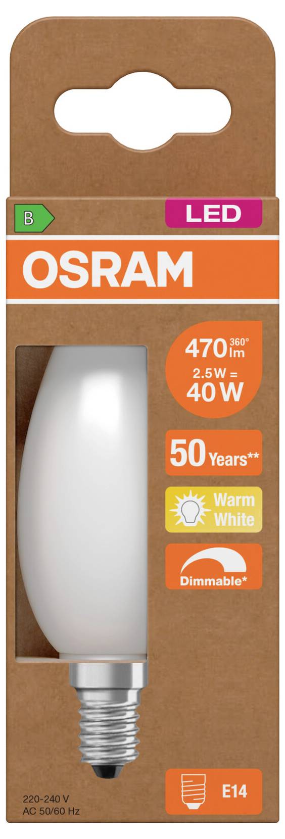 OSRAM LED žarulja pakirana kao 40W ekvivalent, 2,5W, 470 lumena, topla bijela, prigušiva, E14 podnožje.
