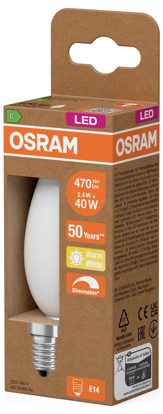OSRAM LED žarulja kutija, prikazujući 470-lumensku, ekvivalentnu 40W toplu bijelu prigušivanu žarulju s E14 bazom i životnom dobi od 50.000 sati.