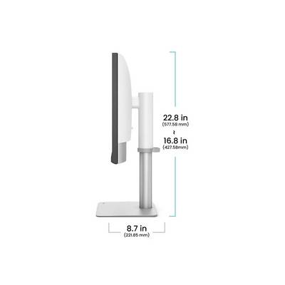 Pogled s bočne strane računalnog monitora na stalku s označenim dimenzijama: visina 22,8 inča (577,85 mm), dubina 8,7 inča (221,85 mm).