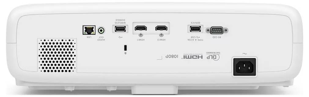 Pogled straga bijelog projektora koji ima HDMI, audio, USB i VGA priključke, zajedno sa utičnicom za napajanje.