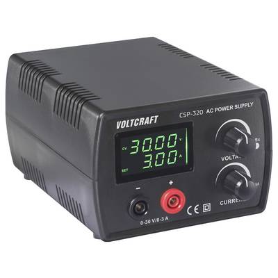 Crni Voltcraft CSP-320 AC napajač koji prikazuje '30.00V' i '3.00A' na svom digitalnom zaslonu s gumbima za napon i struju.