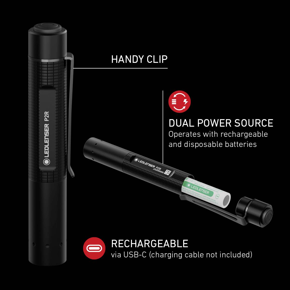 Džepna svjetiljka s praktičnom kopčom, opcija napajanja s baterijom ili akumulatorom. Može se puniti putem USB-C priključka (punjač nije uključen).