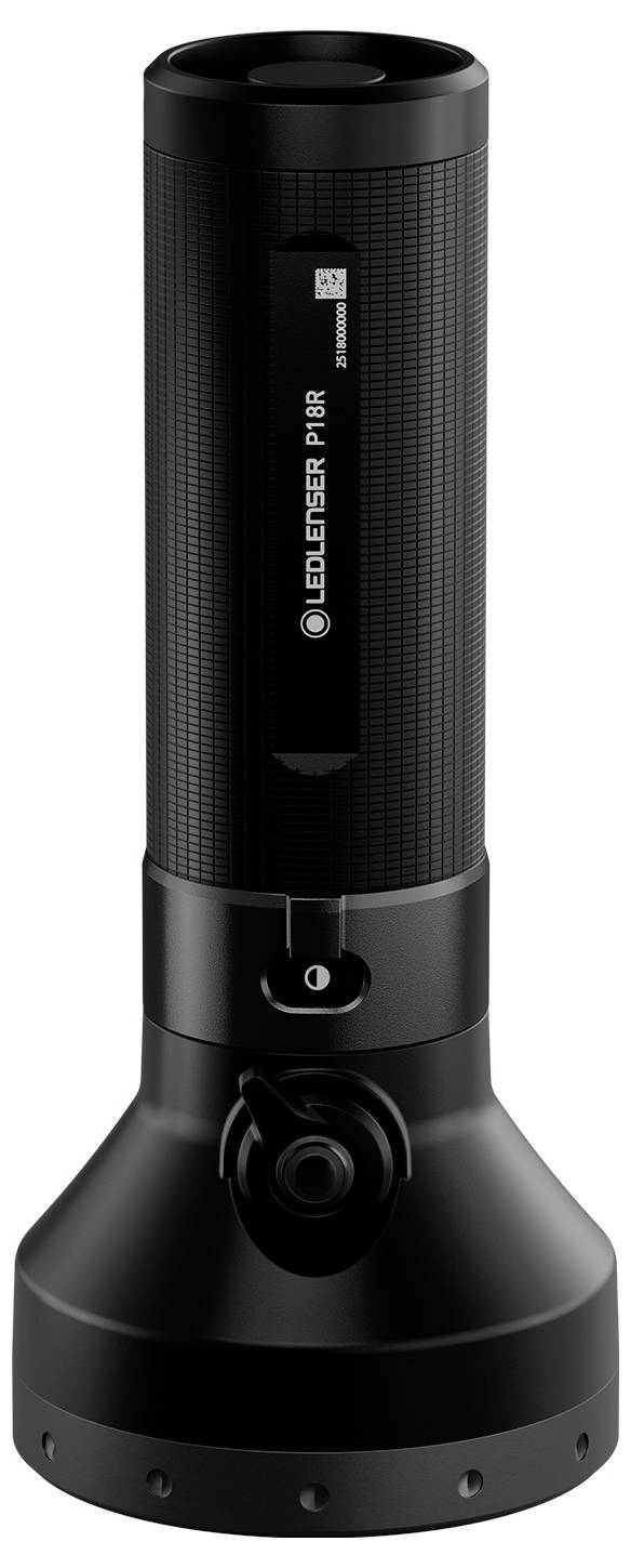 Crna baterijska svjetiljka s teksturiranom ručkom i širokom, čvrstom bazom, na čijoj su strani prikazani logotip brenda i tekst 'LED LENSER P17R'.