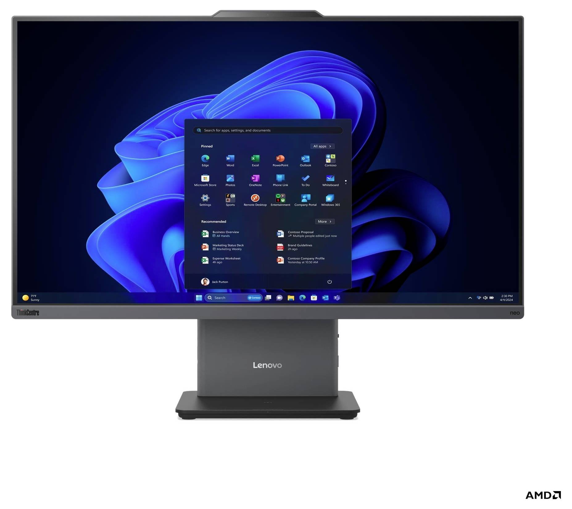 Lenovo stolni monitor koji prikazuje Windows 11 početni zaslon s otvorenim izbornicima start, na kojem su vidljive različite ikone aplikacija.