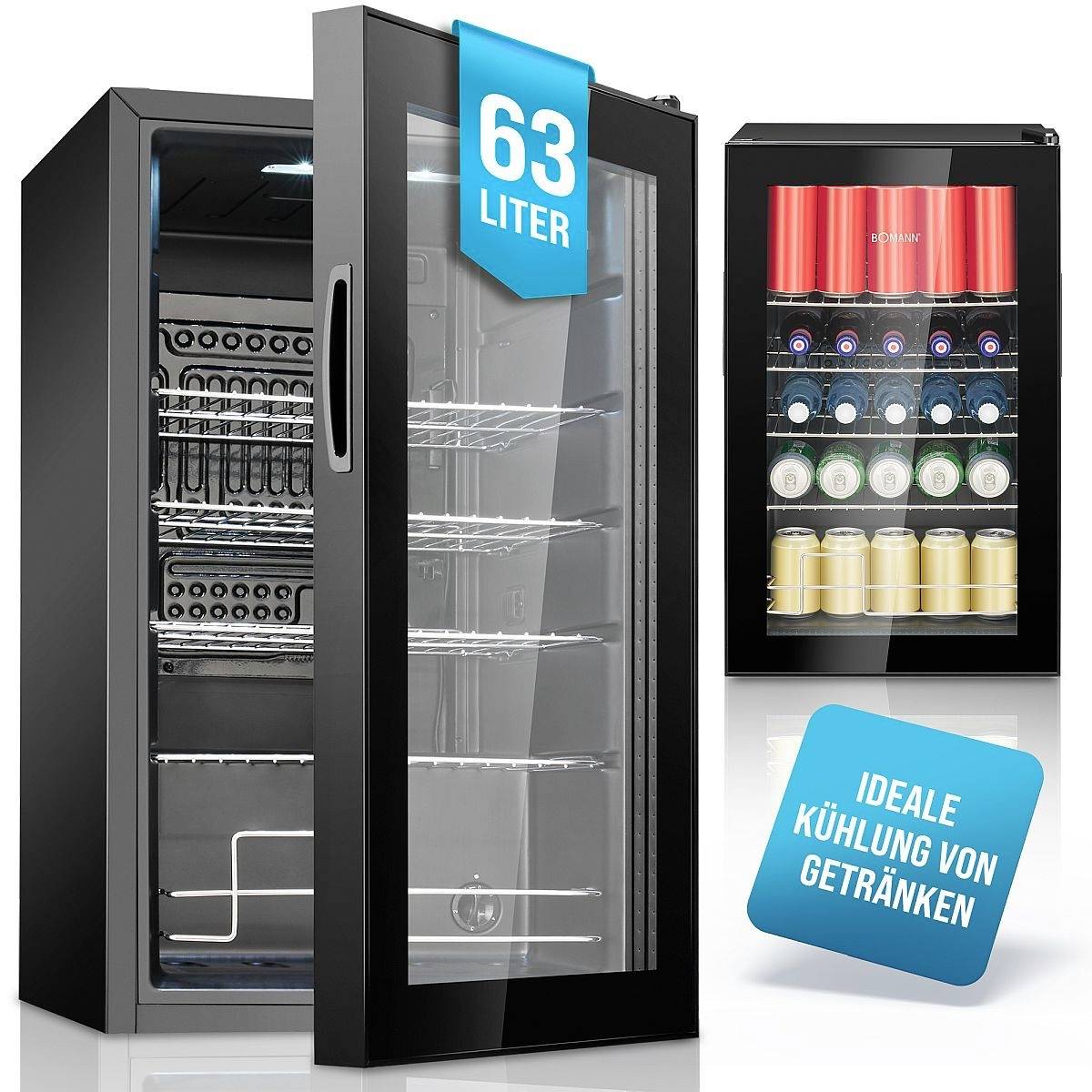 Dva rashladna uređaja za napitke, lijevi otvoren prikazuje prazne police, desni izlaže raznovrsne napitke. Tekst glasi: 63 litara, idealno hlađenje napitaka.