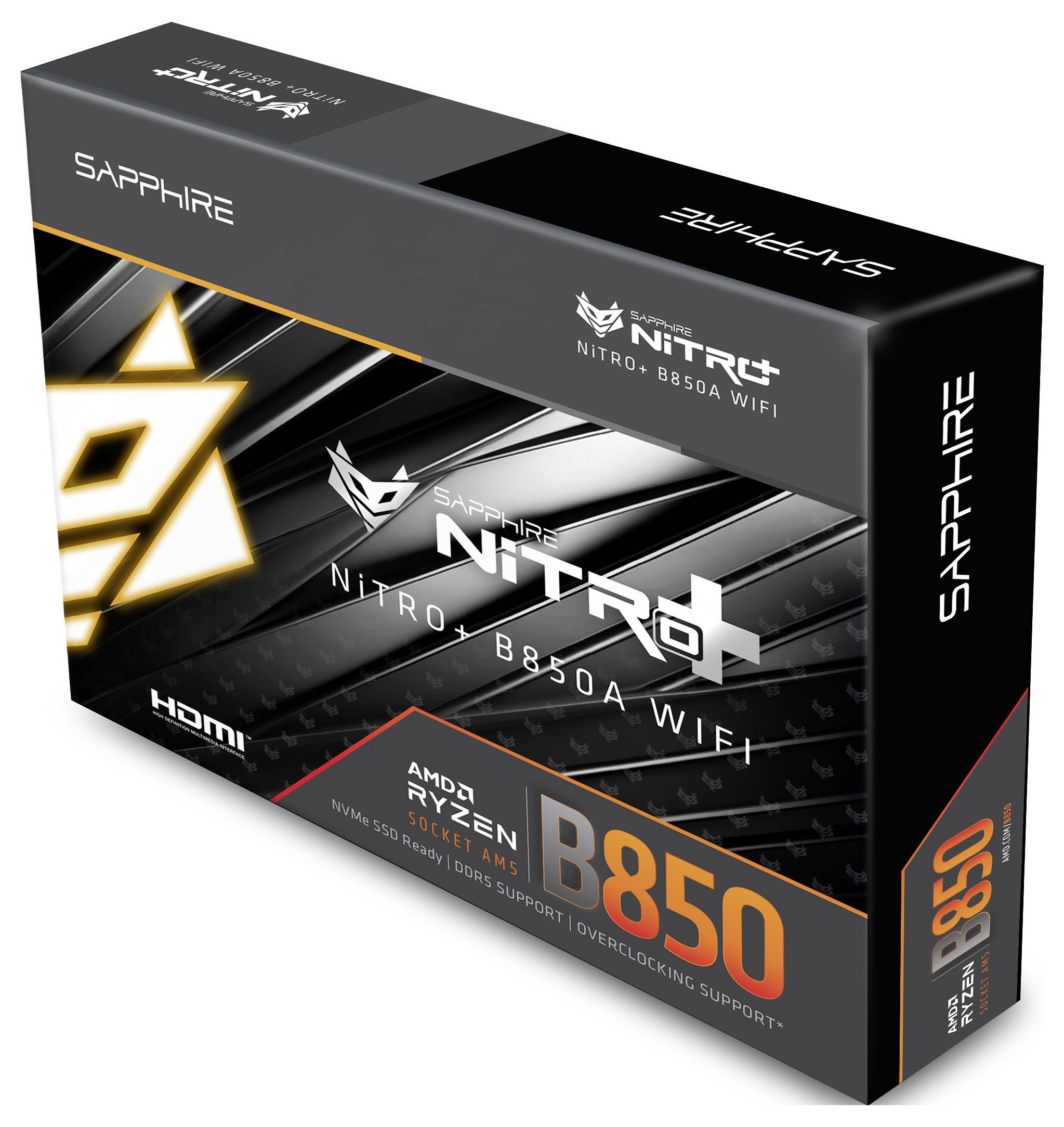 Slika prikazuje kutiju za matičnu ploču Sapphire Nitro+ B850A WIFI, kompatibilnu s AMD Ryzen 5000 serijom, koja podržava DDR5 memoriju.