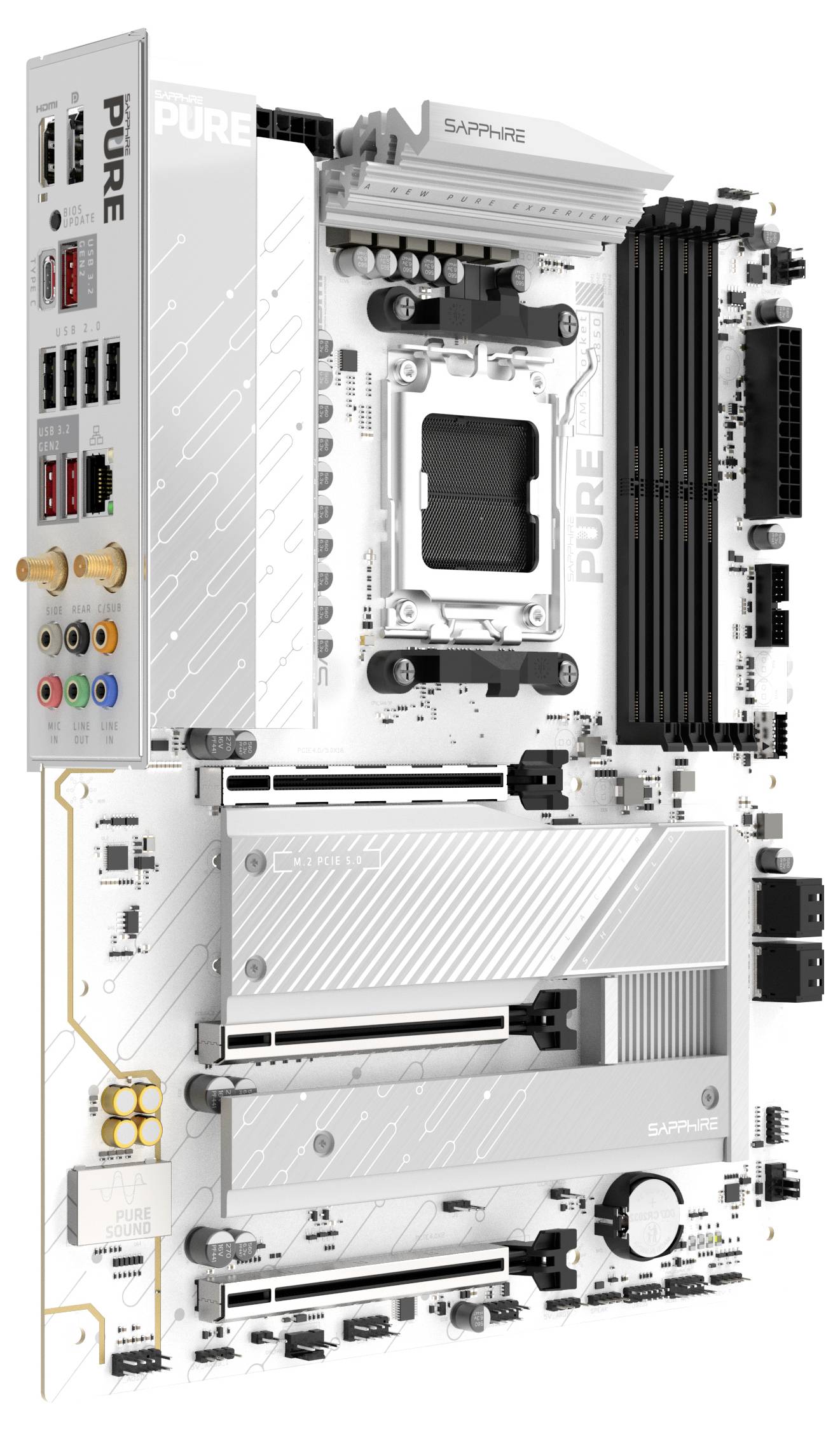 Slika bijele matične ploče. Sadrži brojne priključke, utore i konektore, uključujući utore za RAM, PCIe utore i USB priključke.