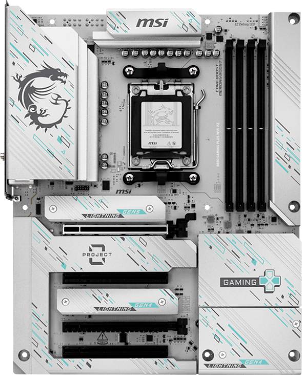 Matična ploča MSI s četiri utora za RAM, dva PCI utora i logom zmaja na hladnjaku. Bijeli i cijan naglasci s oznakom 'Gaming'.