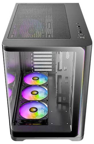 Crni računalni okvir s prozirnom bočnom stranicom, koji prikazuje tri unutarnje RGB ventilatorske jedinice osvjetljene jakim bojama.