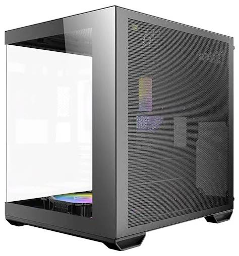 Crna, kockasta računalna kutija s prozirnom bočnom stranicom koja prikazuje RGB osvjetljene komponente unutar nje.