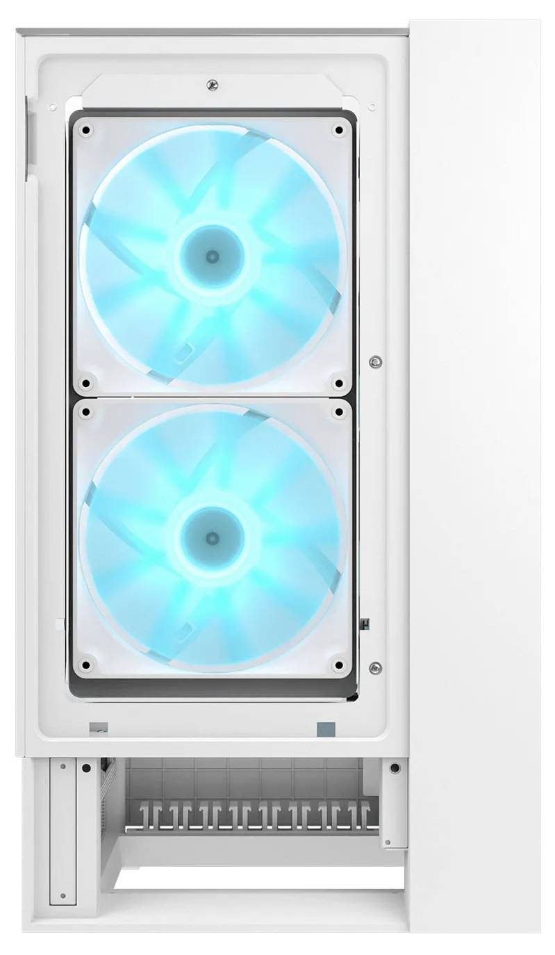 Bijeli računalni okvir s dva velika osvjetljena ventilatora za hlađenje, koji svijetle plavo, vidljivi kroz otvoreni bočni panel.