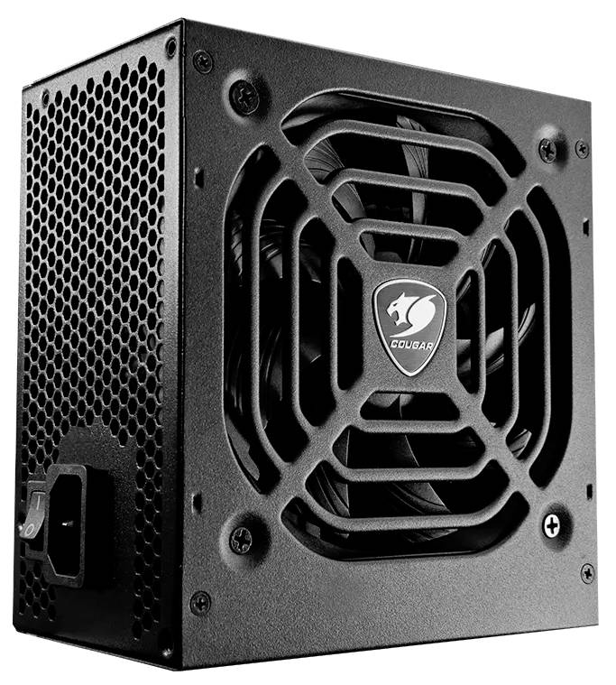 Crni računalni napajalnik koji ima ventiliran dizajn s vidljivim ventilatorom za hlađenje i logotipom sa strane.