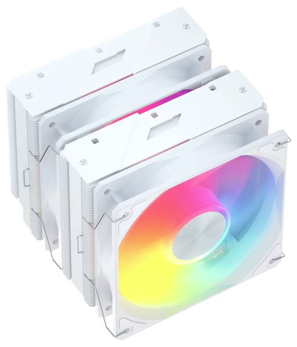 Bijeli računalni CPU hladnjak s dva velika RGB ventilatora koji svijetle u različitim bojama. Dizajn karakterizira suvremena i elegantna estetika.