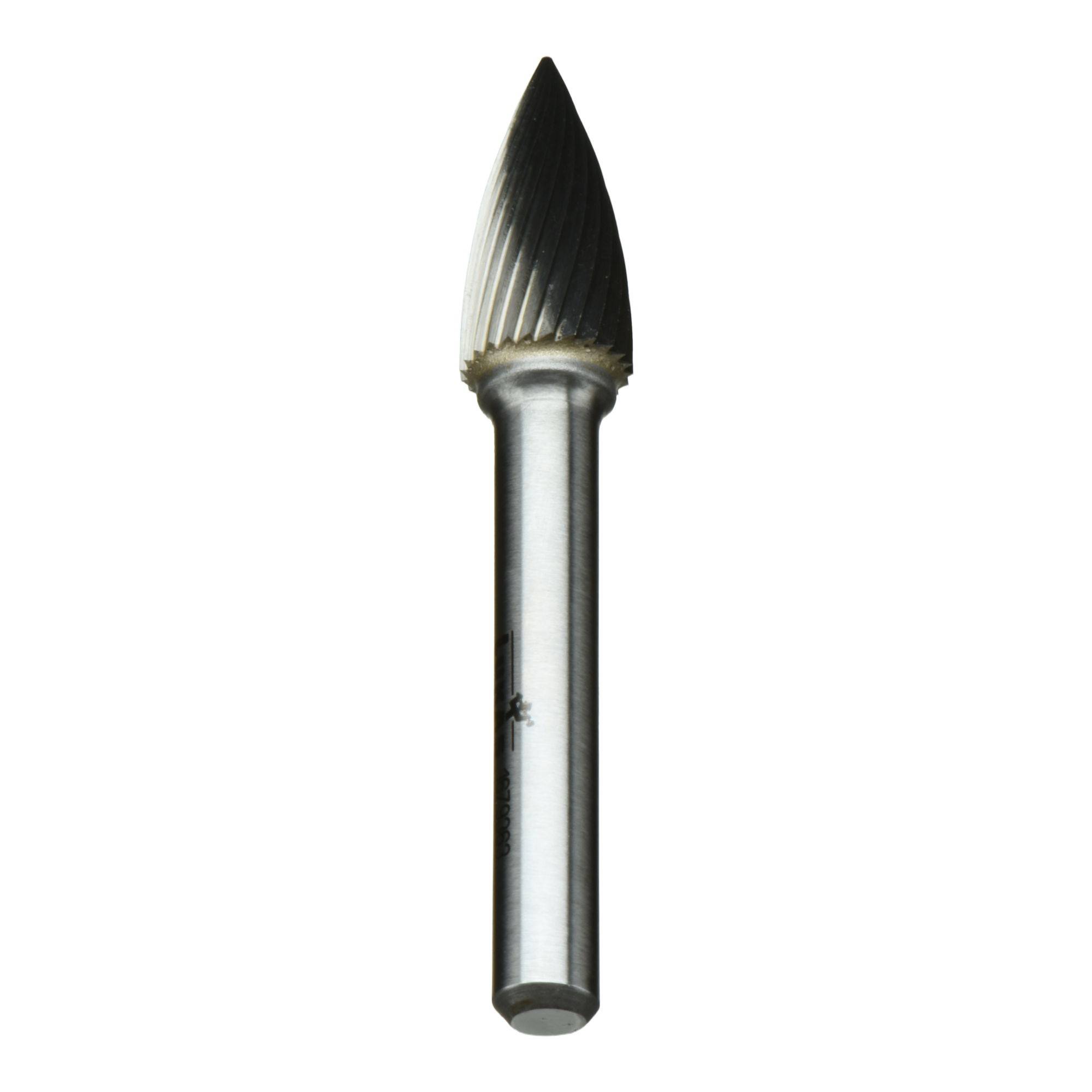 Metalna rotirajuća glodaća glodalica konusnog oblika, koristi se za rezanje, brušenje i oblikovanje materijala. Alat ima spiralne utore radi učinkovitosti.