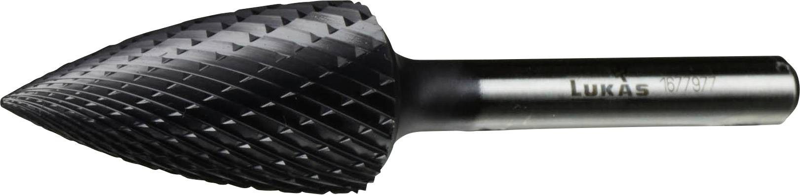 Crni, konični rotirajući burgijski alat s teksturiranom površinom i glatkom metalnom drškom, koji se koristi za oblikovanje i dovršavanje materijala.