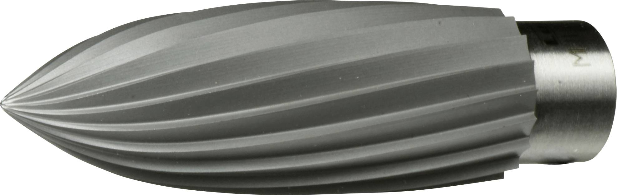 Industrijski alat koji se sastoji od sivo obojene,užljebljene, konusne rotacijske glodaće glave od karbidne prevlake, namijenjen za oblikovanje i rezanje metala, s glatkom osovinom.