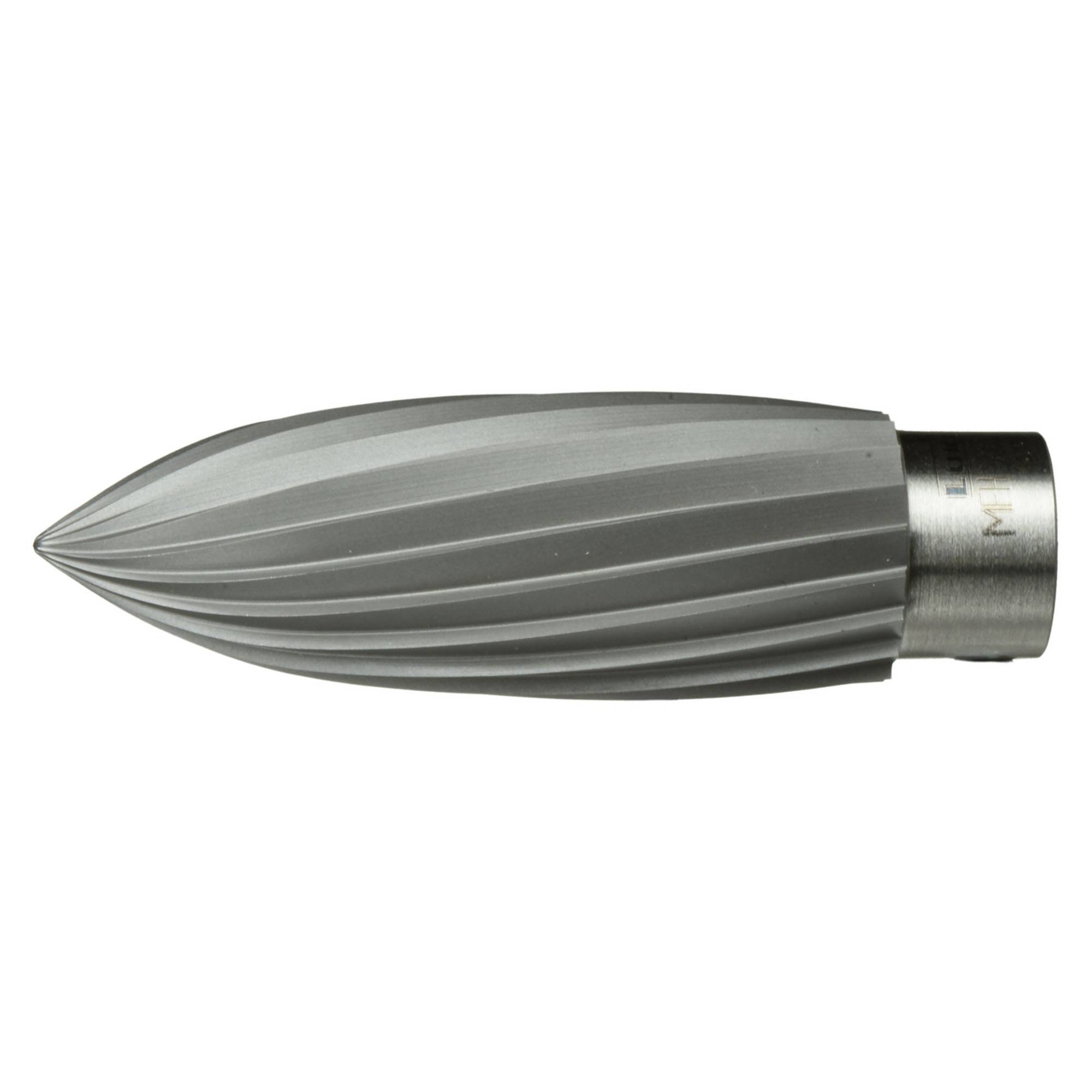 Sivi cilindrični predmet s šiljastim, teksturiranim krajem i metalnom bazom, nalik na aerodinamički komponenta dizajna.