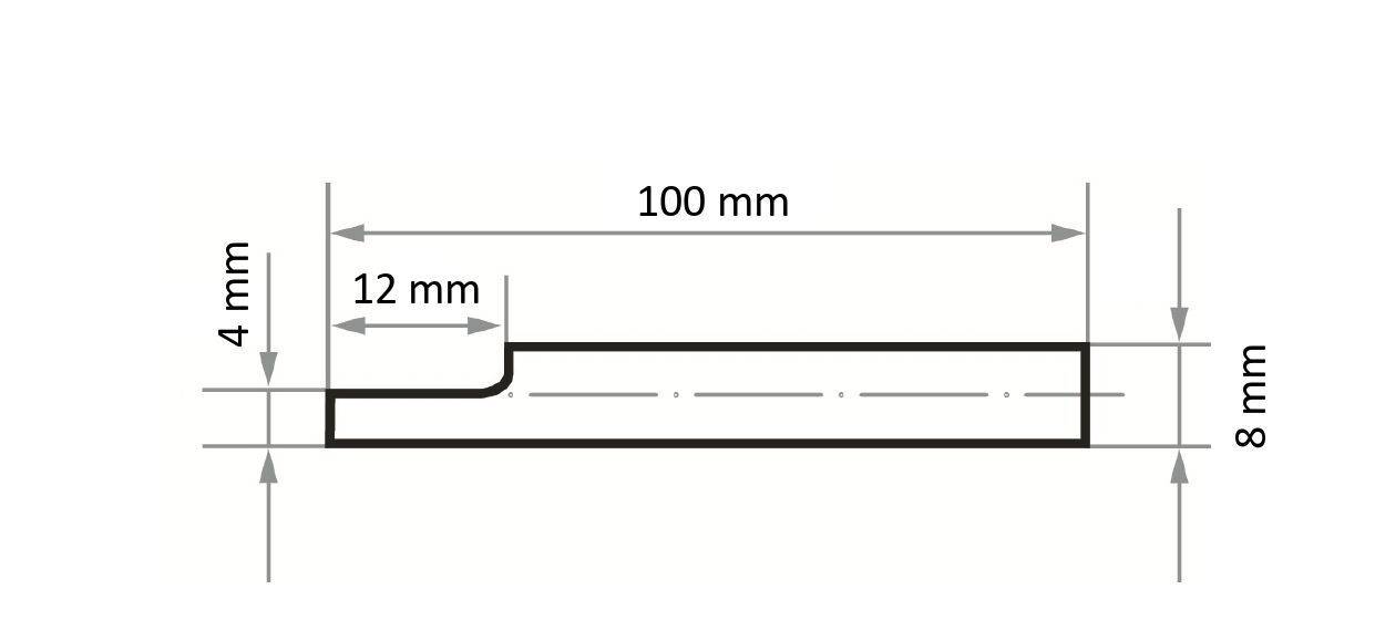 Tehnički nacrt metalnog dijela koji prikazuje stepenasti profil ukupne duljine 100 mm, visine 8 mm, s korakom od 12 mm na visini od 4 mm.