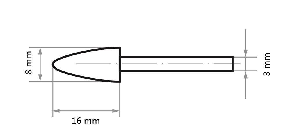 Tehnički nacrt predmetnog alata s šiljastim vrhom, duljine 16 mm, visine 8 mm i širine osovine 3 mm, prikazuje dimenzije.
