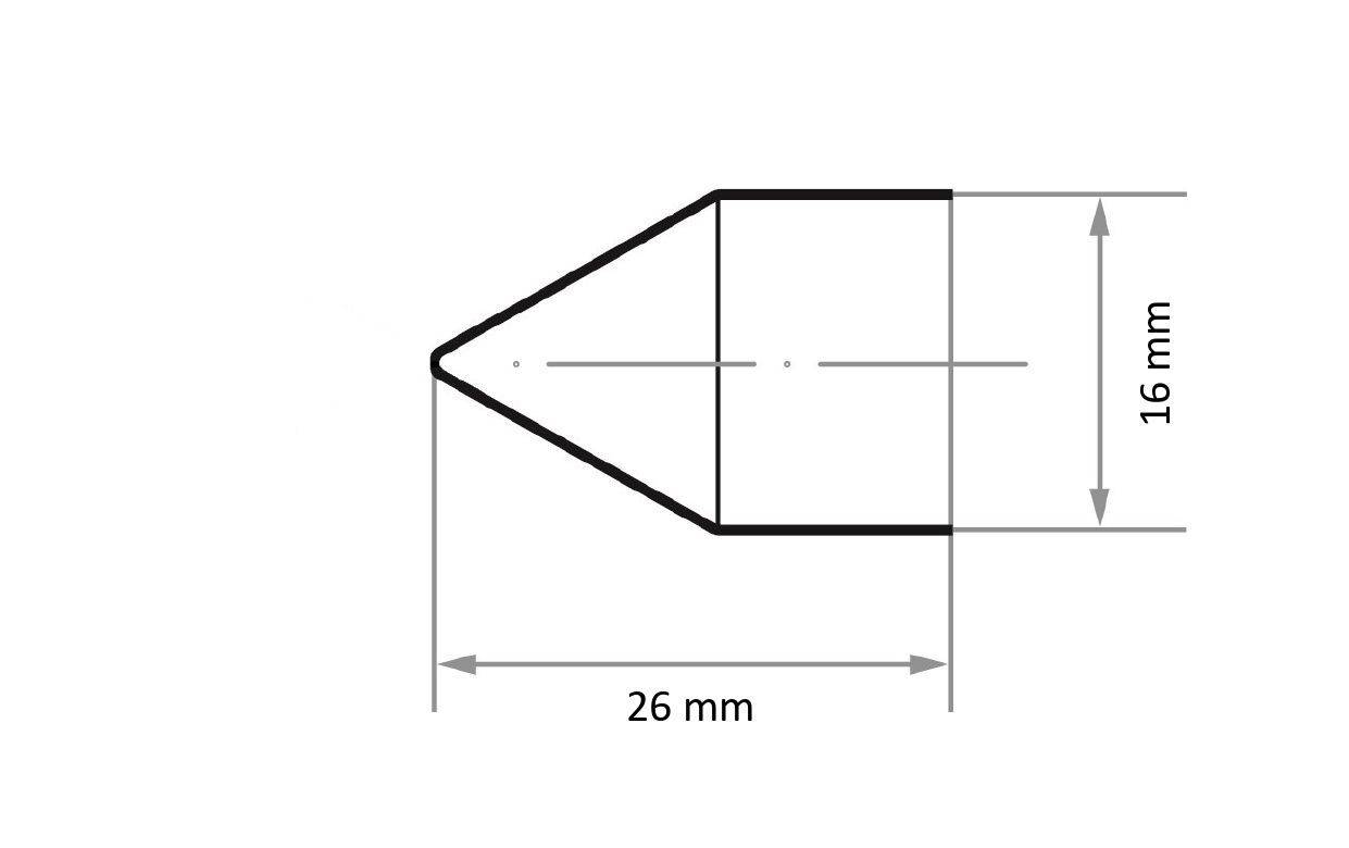 Tehnički nacrt cilindričnog objekta s koničnim vrhom. Dimenzije: 26 mm duljine i 16 mm visine.
