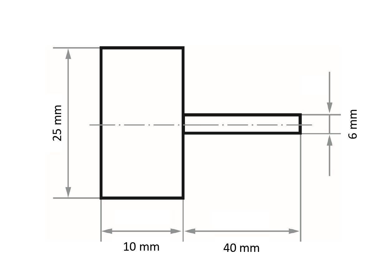 Tehnički nacrt T-oblikovanog objekta. Vertikalni dio mjeri 25 mm × 10 mm, a horizontalni dio mjeri 40 mm × 6 mm.
