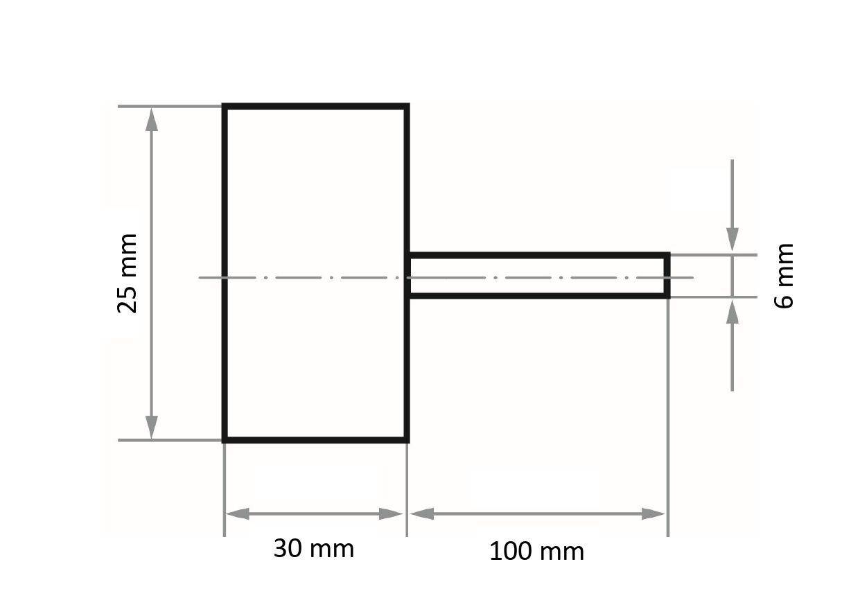 Tehnički nacrt prikazuje objekt s jednim vertikalnim i jednim horizontalnim pravokutnikom. Dimenzije su 25 mm × 30 mm, te 6 mm × 100 mm.