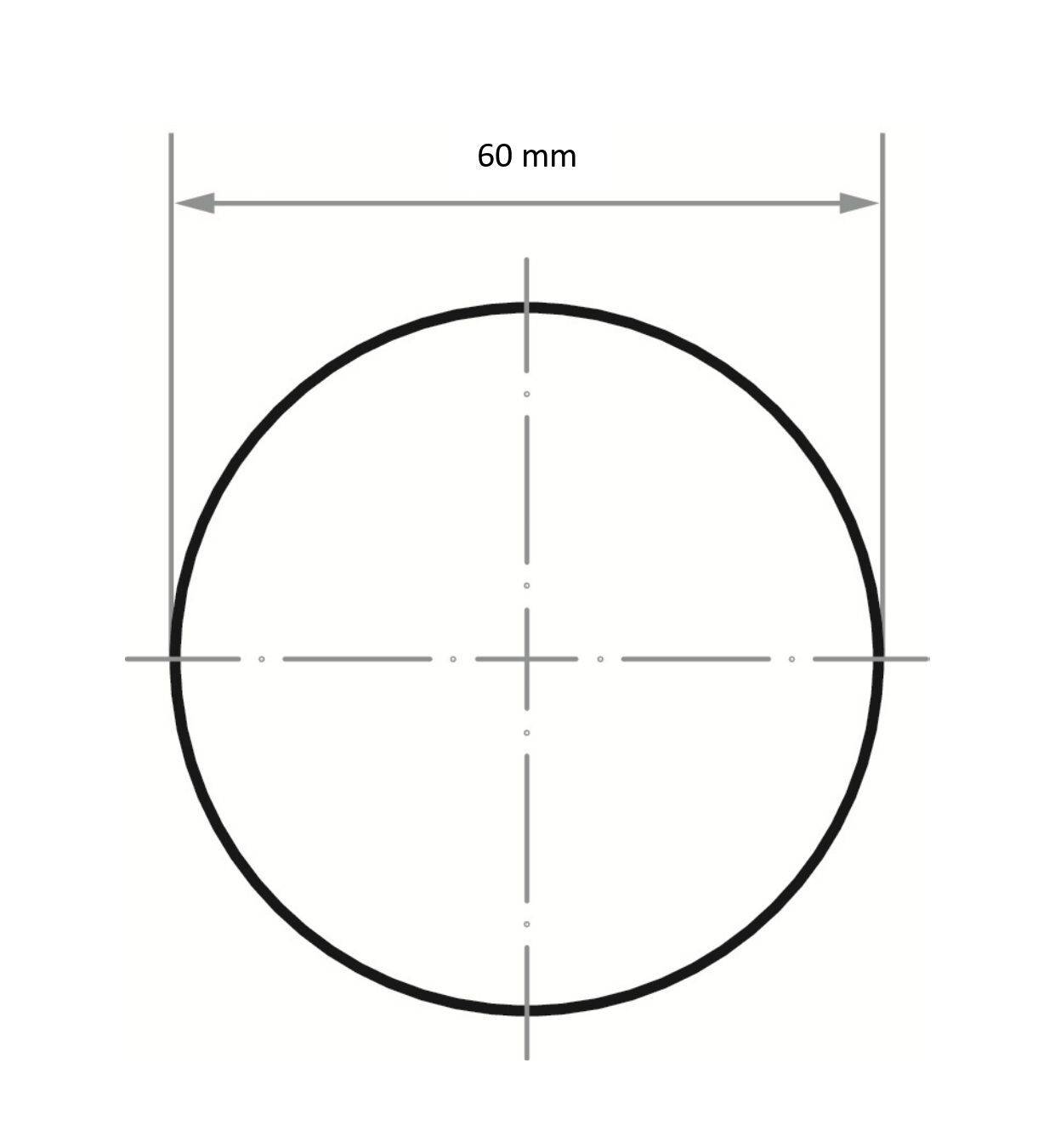 Prikazan je krug promjera 60 mm s mjernim linijama koje se protežu vodoravno i okomito od njegova središta.