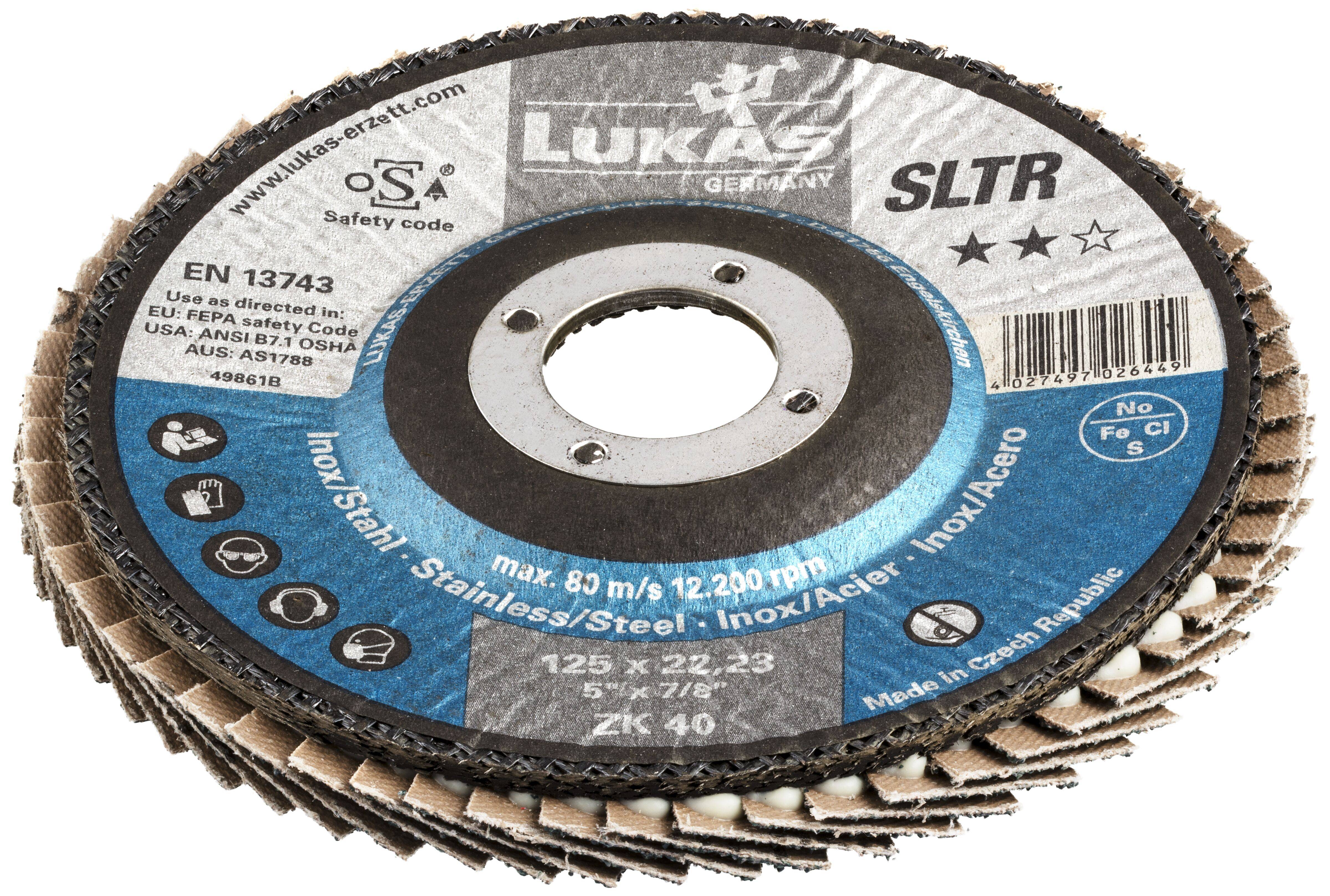 Lukaz SLTR lamelni disk, 125x22,23 mm s veličinom zrna ZK 40, maksimalne brzine 85 m/s, pogodan za nehrđajući čelik, s oznakama certifikacije i uputama za upotrebu.