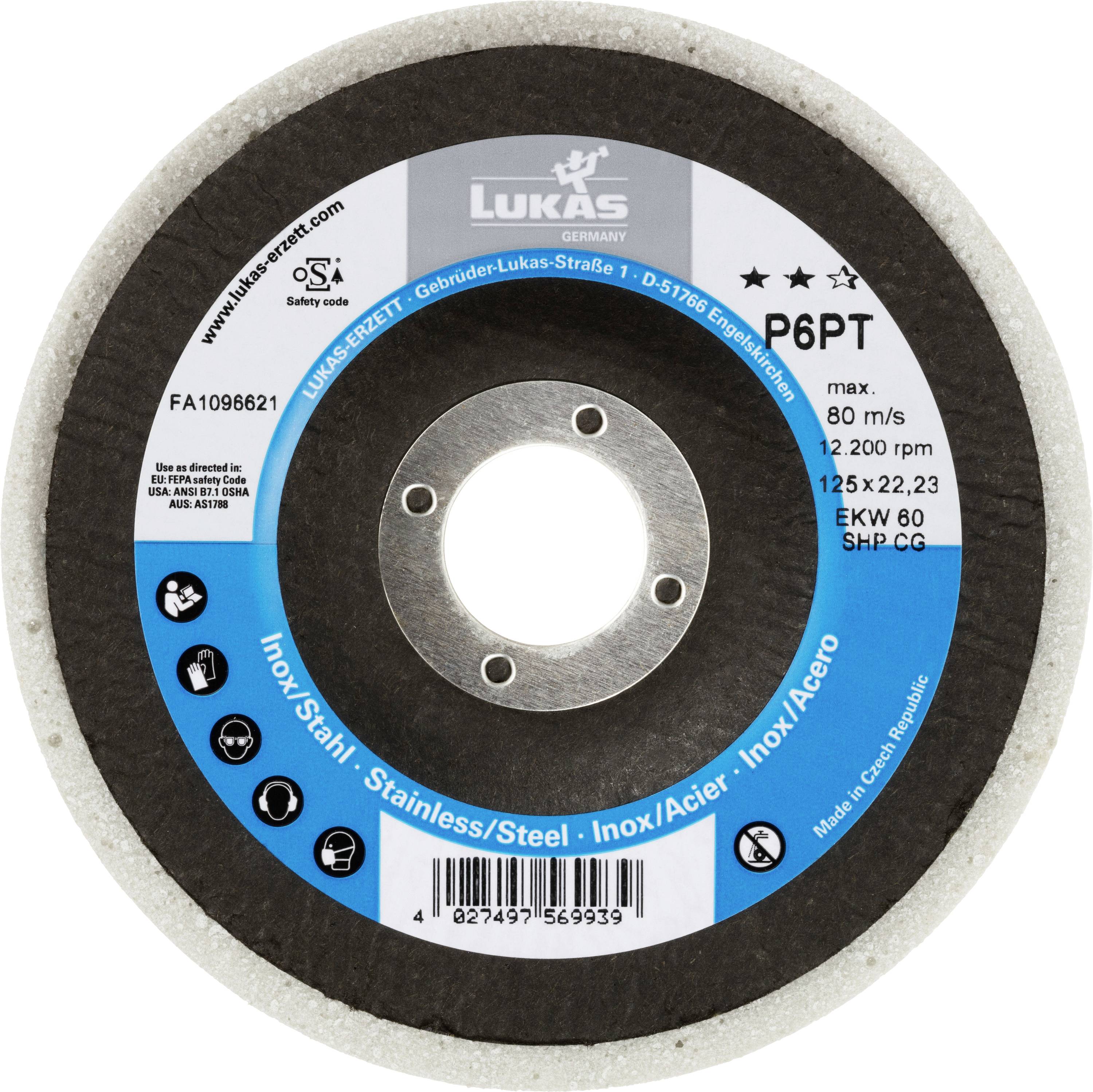 Kružni rezni disk za brušenje nehrđajućeg čelika oznake 'Lukas'. Označen dimenzijama 125 x 22,23 mm, maksimalna brzina 13.300 okretaja u minuti.