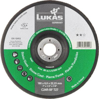 Brusni disk s logotipom 'Lukas Njemačka', logosima sigurnosne sukladnosti i specifikacijama za kamen i lijevani materijal. Izrađeno u Poljskoj.