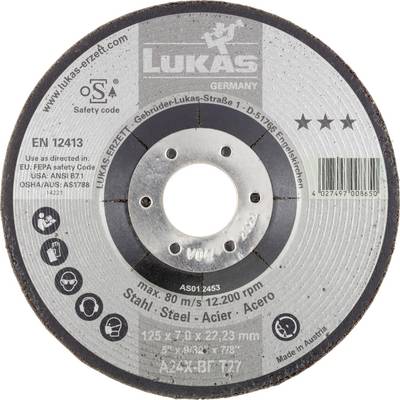Okrugli rezni disk tvrtke 'Lukas' iz Njemačke, s naznakama sigurnosti i uvjetima uporabe. Namijenjen rezanju čelika pri brzini do 12.200 okretaja u minuti.