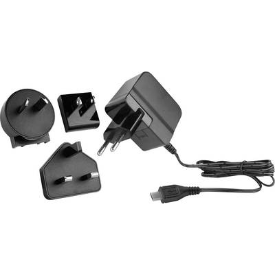 Crni univerzalni putni adapter s četiri izmjenjive utičnice za različite regije i odvojivim kabelom s micro USB priključkom.