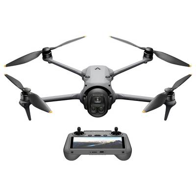 Elegantan, crni dron s četiri propelera; ispod njega, daljinski upravljač s ekranom koji prikazuje fotografiju krajolika.