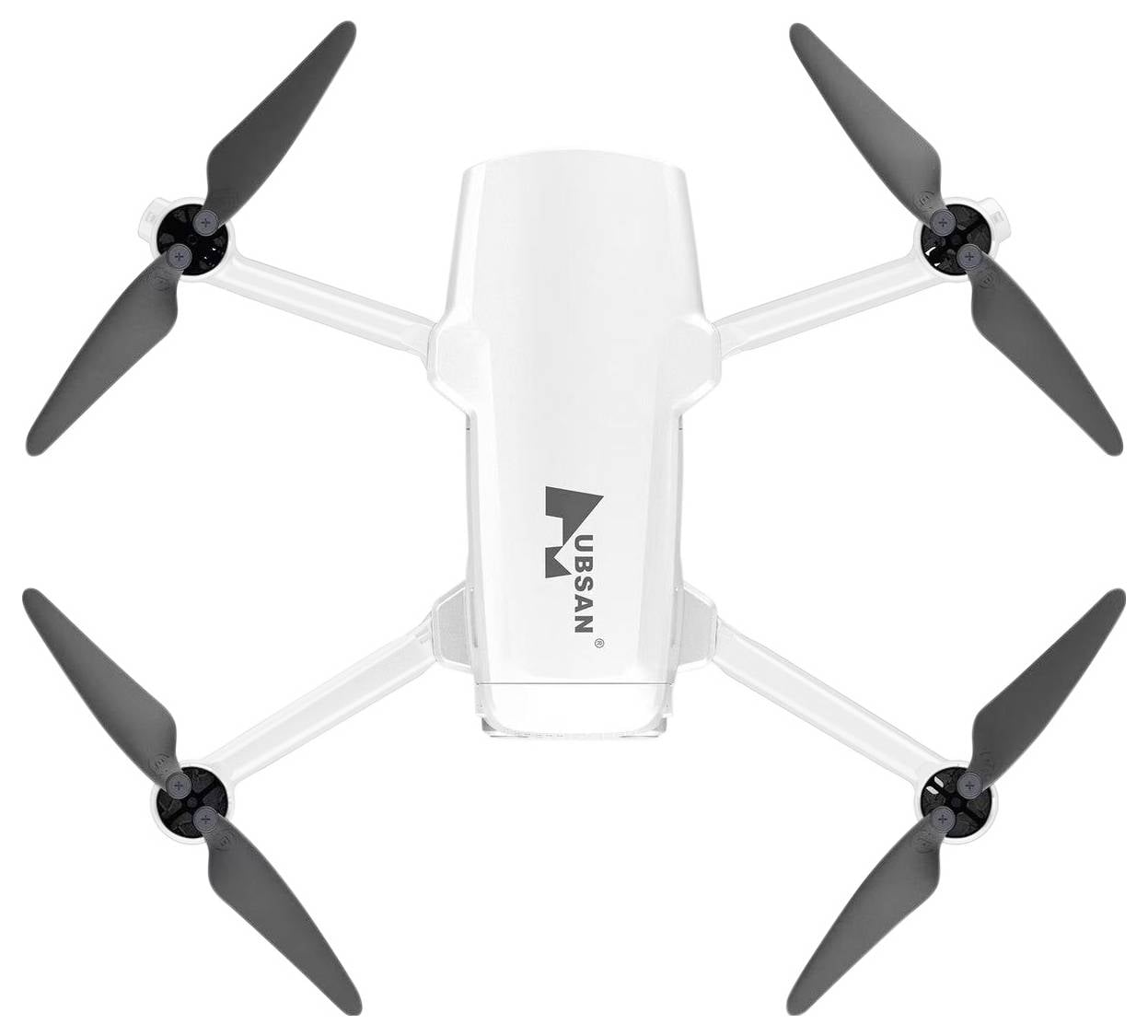 Bijeli quadcopter dron sa četiri crne propelera postavljene horizontalno na jednostavnoj pozadini, oznčen natpisom 'Hubsan'.