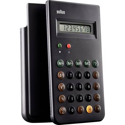 Elegantan crni elektronički kalkulator s brojčanim zaslonom i tipkama u bojama za osnovne aritmetičke operacije.