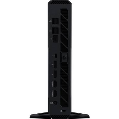 Crni vertikalni računalni toranj s priključcima uključujući USB, HDMI i DisplayPort, koji ima elegantan dizajn pogodan za kompaktne postave.