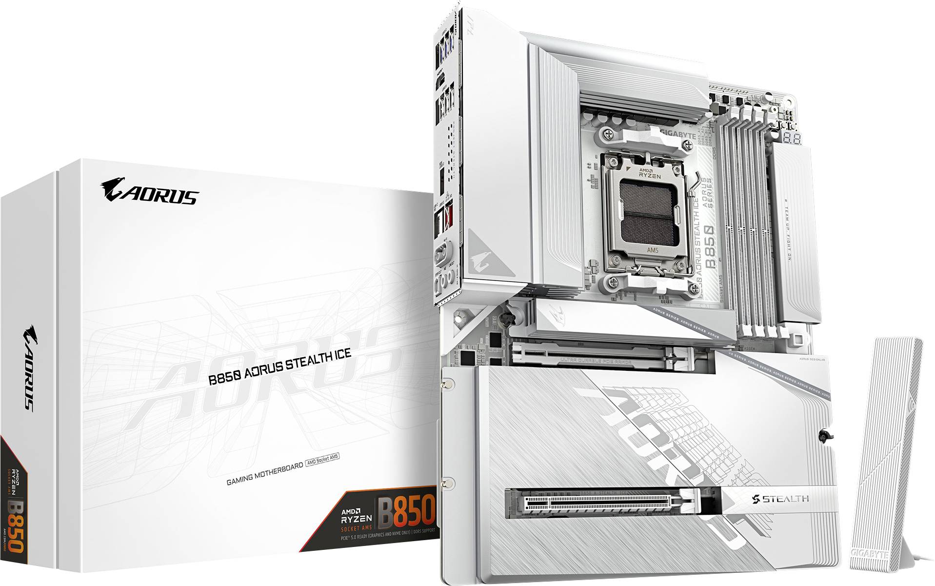 Bijela B650 AORUS STEALTH matična ploča s odgovarajućom kutijom, dizajnirana za igrače, s optimiziranim upravljanjem kablova.