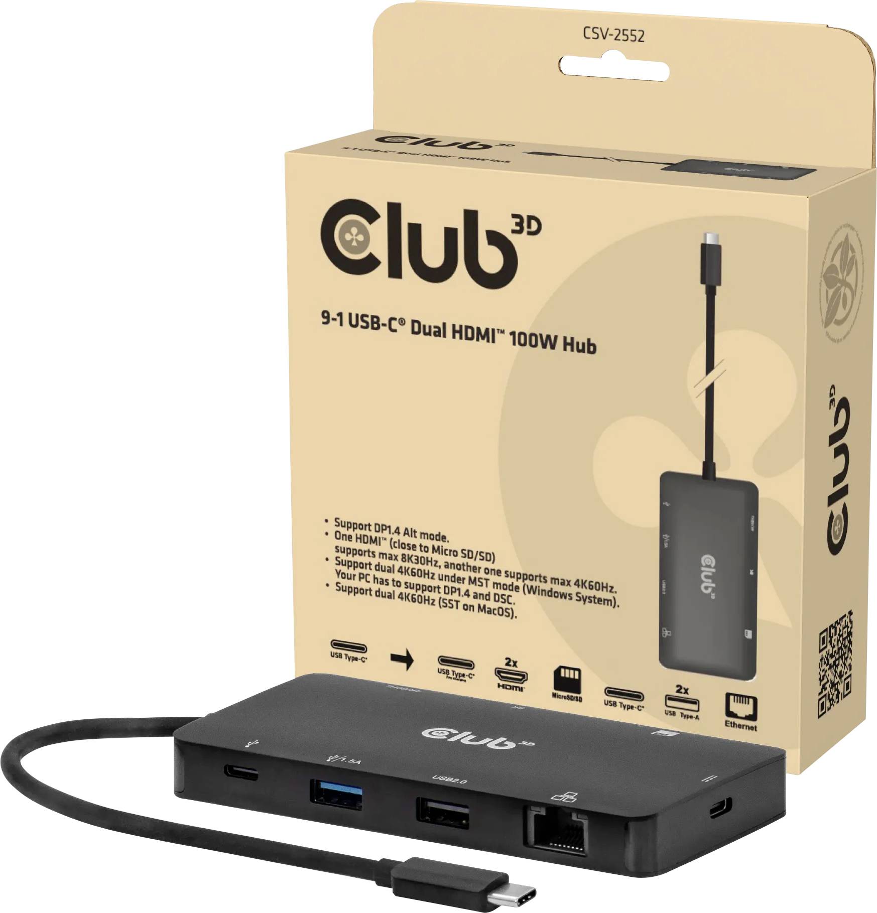 club3D CSV-2552 USB-C dockingstation Geïntegreerde kaartlezer, USB-C Power Delivery