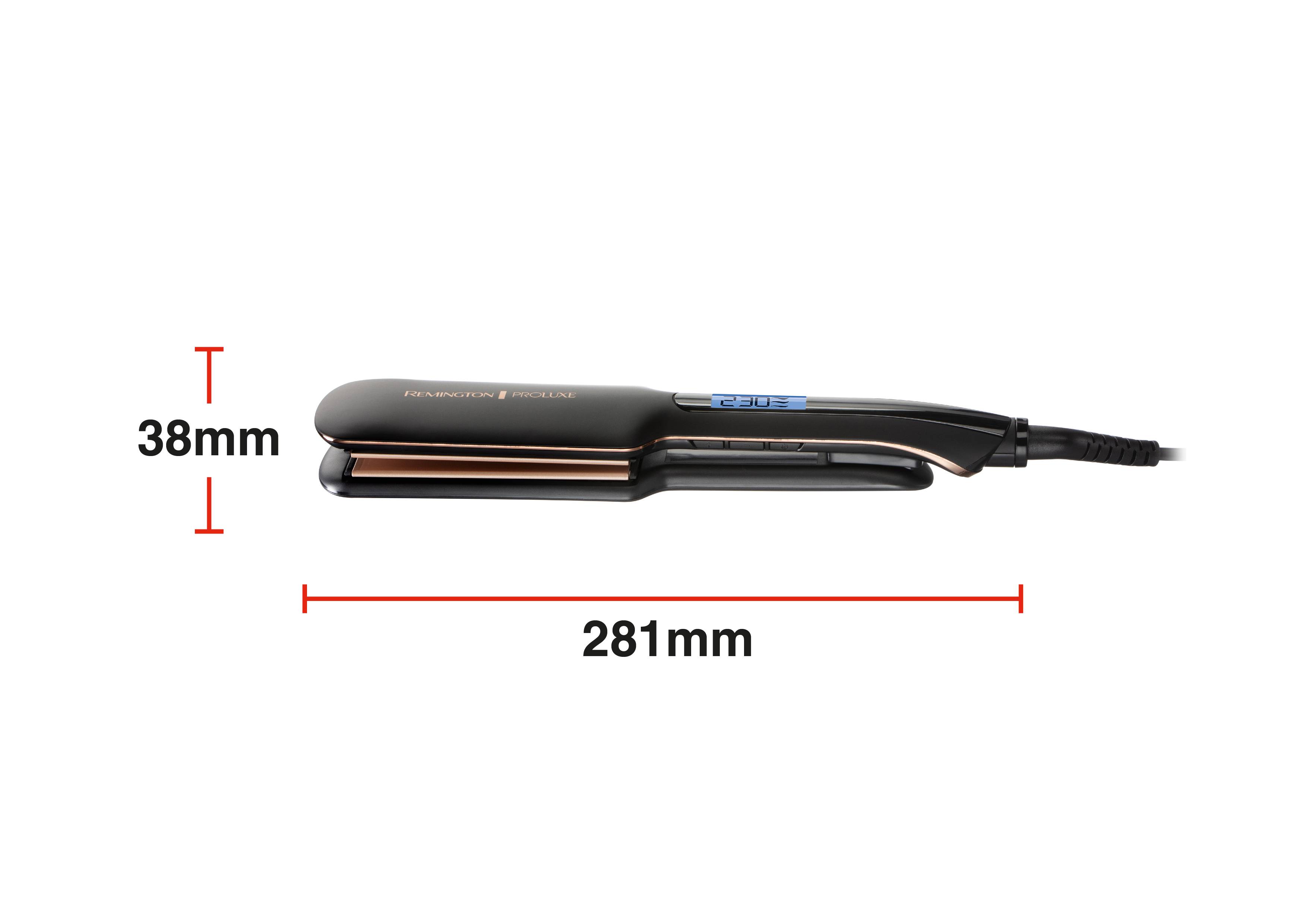 Ravnač za kosu dimenzija: širina 38 mm, duljina 281 mm. Crni dizajn, s digitalnim zaslonom na ručki.